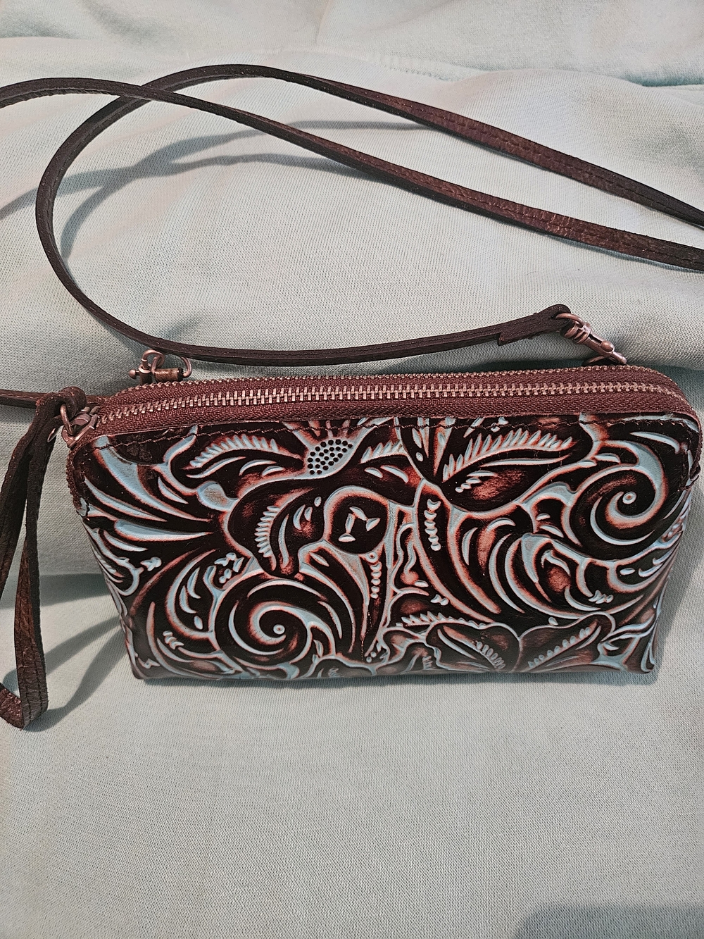 NWOT Patricia Nash Leather Tooled Crossbody Bag In Brown and Turquoise